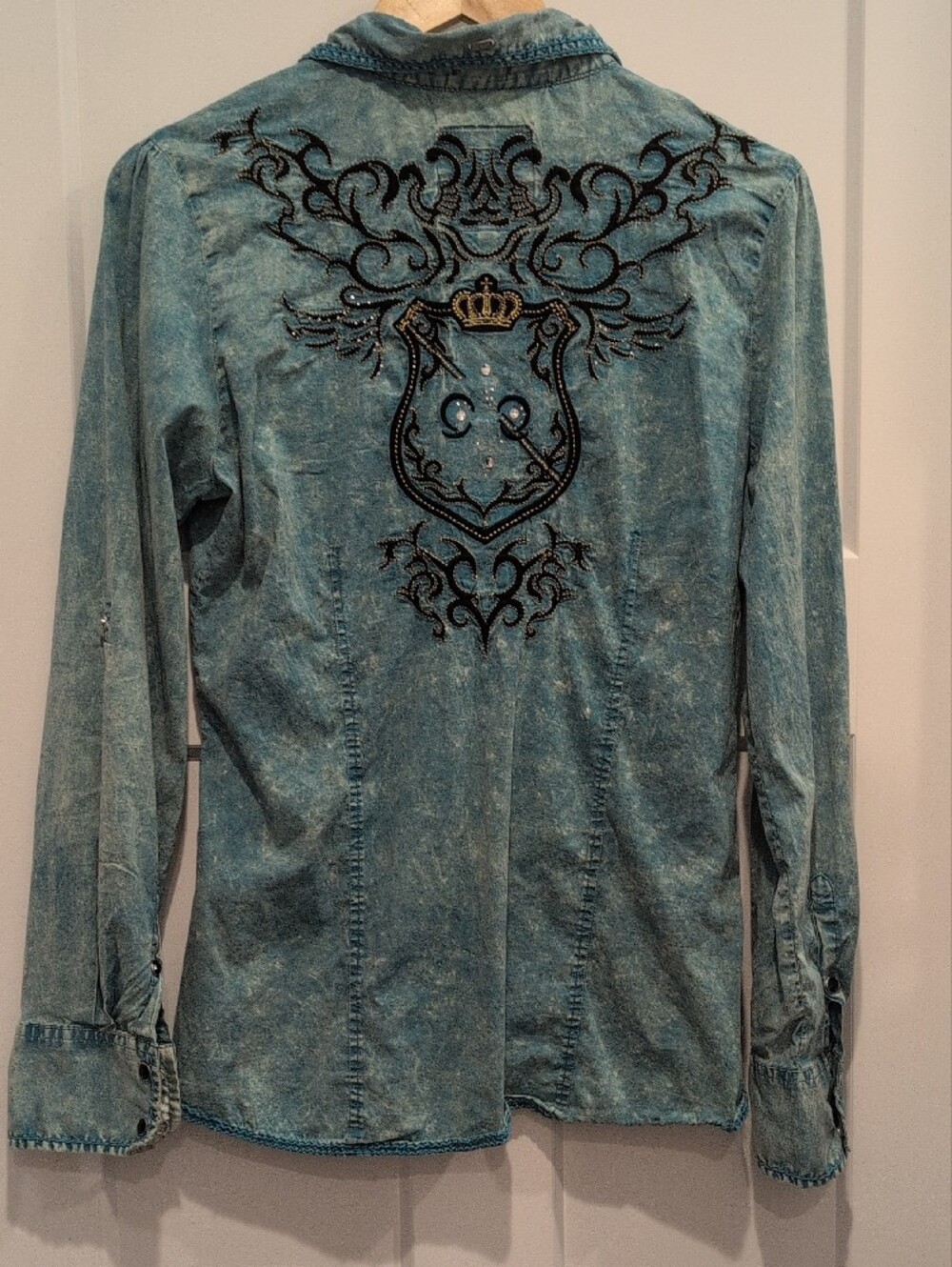 Roar Teal Washed Denim Embroidered Shirt Jacket - Picture 12 of 13